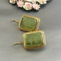Gold Tone Green Rectangle Carved Leaf Hook Earrings view 1