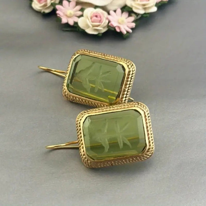 Gold Tone Green Rectangle Carved Leaf Hook Earrings