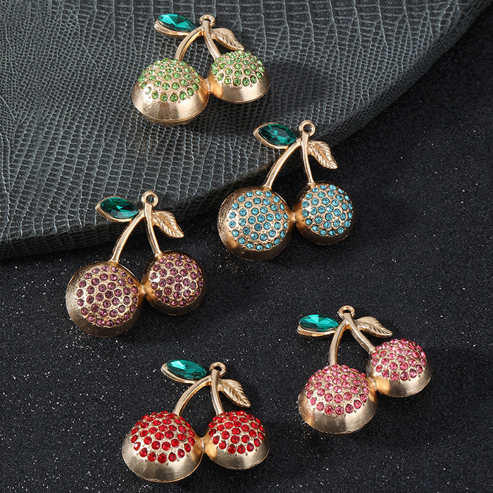 Rhinestone Double Cherry Charm Pendant Gold Tone Five Colors