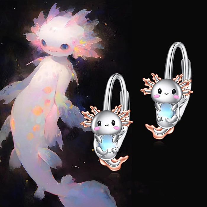 Silver Tone Axolotl Hoop Earrings With Pink And Blue Details