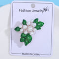 Green Leaf Cluster Brooch With Graduated White Pearls view 3