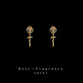 Gold Openwork Rose Drop Stud Earrings Blue Crystal Accents view 1