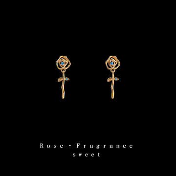 Gold Openwork Rose Drop Stud Earrings Blue Crystal Accents
