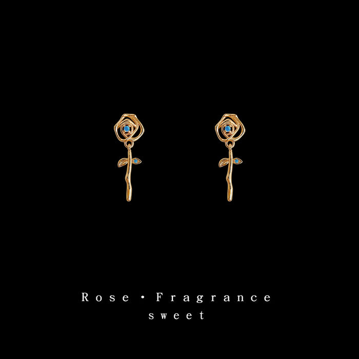 Gold Openwork Rose Drop Stud Earrings Blue Crystal Accents