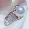 Pearl-Like Cabochon Angular Pave Ring In Polished Silver Tone view 2