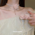 Pink Tulle Flower Pearl Drop Earrings and White Floral Necklace view 2