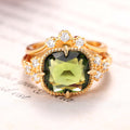 Gold Tone Olive Green Cushion Crystal Ring Set Statement Jewelry view 3