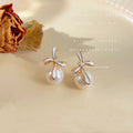 Gold White Enamel Bow Pearl Drop Stud Earrings Clear Stone view 3