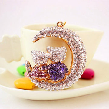 Rhinestone Couple Bears Crescent Moon Keychain Two Colors
