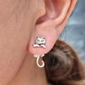 Antique Silver Articulated Cat Stud Earrings with Curved Tail view 1