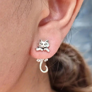 Antique Silver Articulated Cat Stud Earrings with Curved Tail