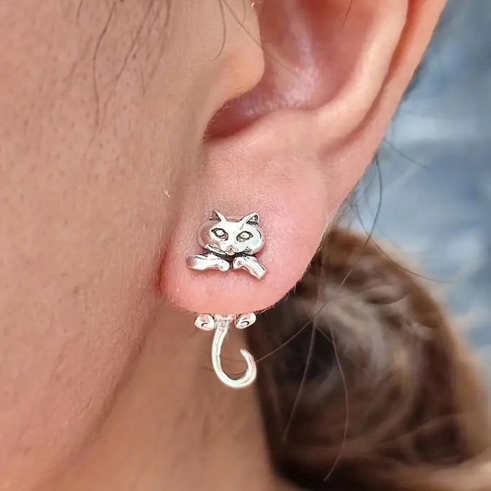 Antique Silver Articulated Cat Stud Earrings with Curved Tail