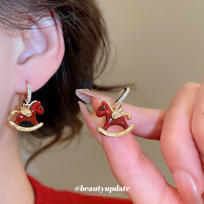 Gold Tone Red Enamel Rocking Horse Hoop Earrings Fashion Jewelry
