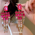 Pink Crystal Chandelier Earrings with Multicolor Beaded Fringe Drops view 1