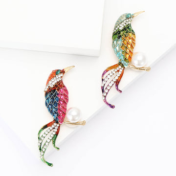 Enamel Bird Brooch With Pearl Rhinestones Pink Or Green