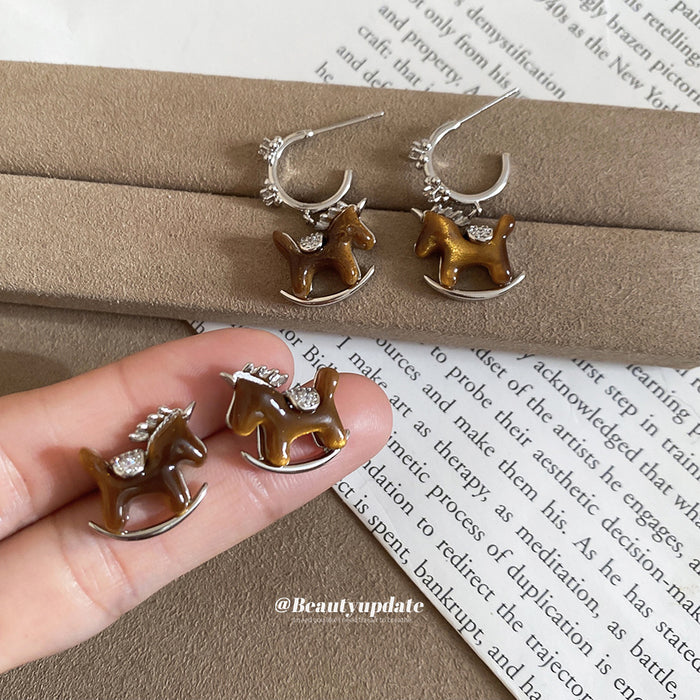 Brown Horse Stud Earrings In Two Metal Tones With Decorative Metal Details
