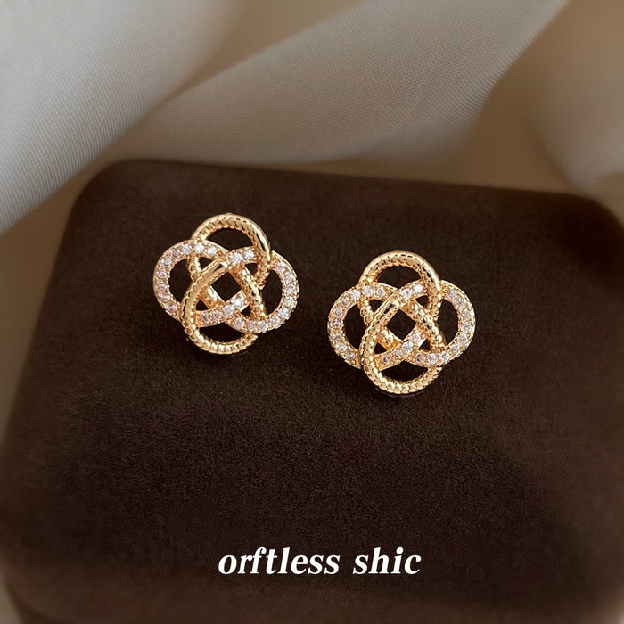 Gold Interlocking Knot Pave Crystal Geometric Stud Earrings