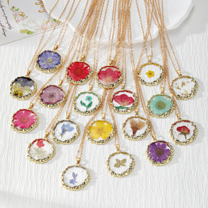 Pressed Flower Resin Pendant Necklace with Gold-Tone Scalloped Frame