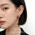 Gold Tone Burgundy Enamel Firework Flower Stud Earrings view 2