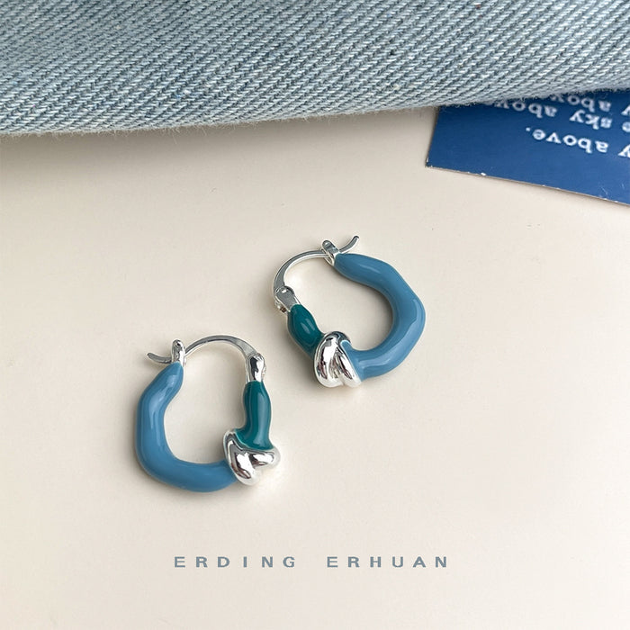 Silver Tone Blue And Pink Enamel Knot Huggie Hoop Earrings