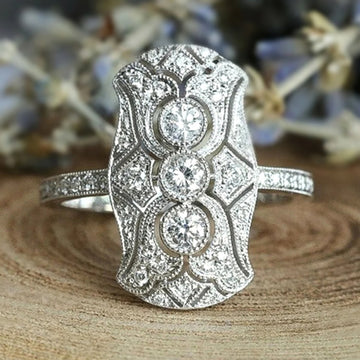 Art Deco Three-Round-Stone Elongated Plaque Ring In Silver Tone