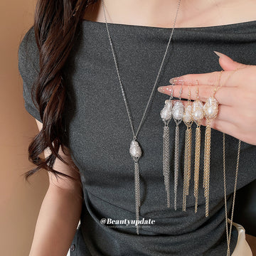 Wire Caged Pearl Tassel Necklaces Earrings Gold Silver