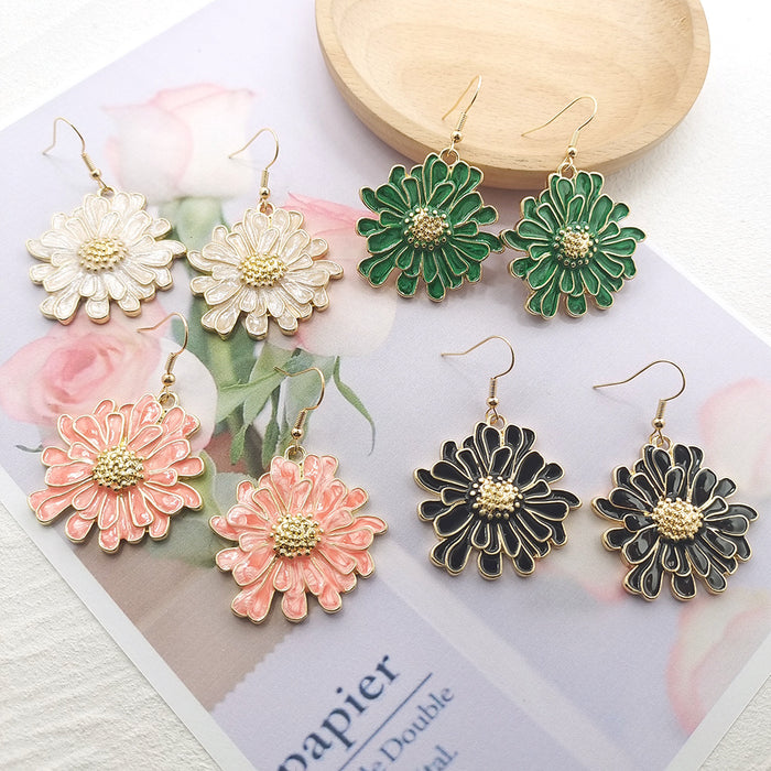 Enamel Chrysanthemum Flower Drop Earrings 4 Colors Gold