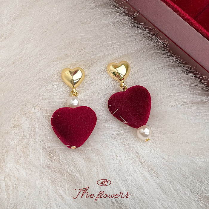 Gold Heart Stud Wine Velvet Heart Pearl Drop Earrings