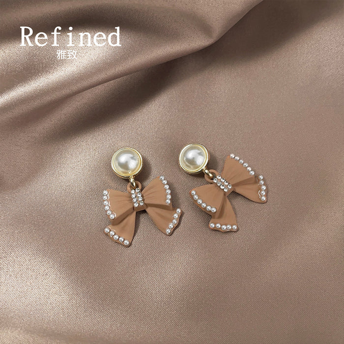 Gold Pearl Pink Bow Drop Stud Earrings Crystal Edge Pair