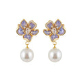 Lavender Enamel Orchid Flower Zircon Pearl Drop Stud Earrings view 5