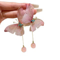 Pink Fabric Butterfly Earrings With Long Bead Drop Tassels view 5