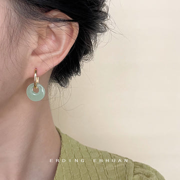 Gold Green Glass Safety Coin Disc Huggie Earrings Pair