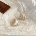 White Shell Stud Earrings Gold Stripe Ridge Metal Pair view 4