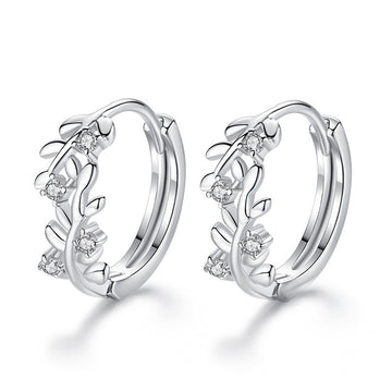 Silver Tone Leaf Vine Hoop Earrings With Clear Stone Accents
