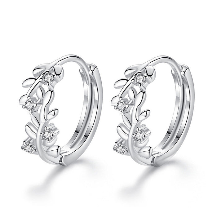 Silver Tone Leaf Vine Hoop Earrings With Clear Stone Accents