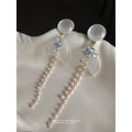 White Pearl Stud Clear Mermaid Tail Tassel Earrings view 4