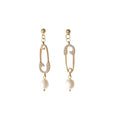 Gold-Tone Safety Pin Drop Earrings CZ Pave Pearl Dangles view 5