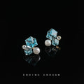 Silver Tone Aqua Cube White Pearl And Clear Stone Stud Earrings view 3