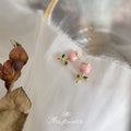 Pink Enamel Rosebud Stud Earrings Gold Tone Green Leaves view 1