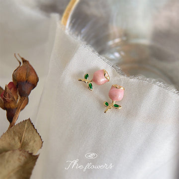 Pink Enamel Rosebud Stud Earrings Gold Tone Green Leaves
