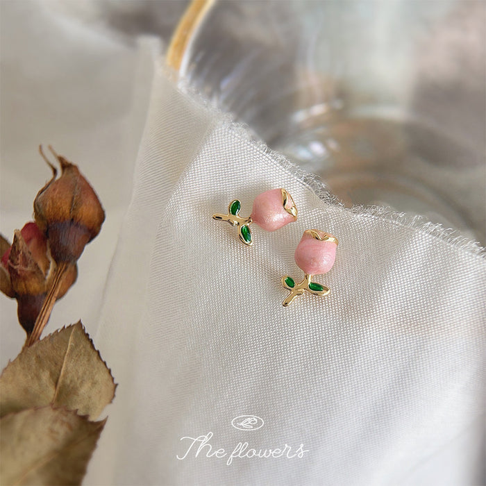 Pink Enamel Rosebud Stud Earrings Gold Tone Green Leaves