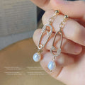 Gold-Tone Safety Pin Drop Earrings CZ Pave Pearl Dangles view 2