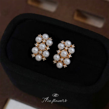 Gold Cluster Pearl Crystal Square Stud Earrings Pair