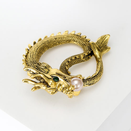 Silver dragon pearl brooch close front