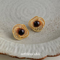 Gold Tone Radiating Openwork Black Round Stone Stud Earrings view 3
