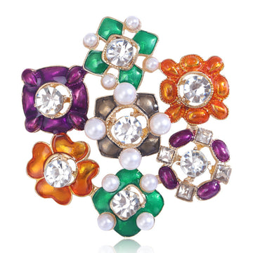 Multicolor Flower Cluster Brooch With Pearls and Crystals