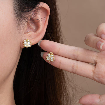 Gold Leaf Crystal Look Linear Pattern Small Stud Earrings