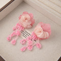 Pink Lace Flower Extra Long Thread Tassel Stud Earrings view 4