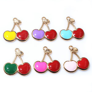 Heart-Shaped Enamel Double Cherry Charm in Gold-Tone Alloy