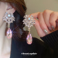 Crystal Floral Teardrop Dangle Stud Earrings With Decorative Metal Accents view 4